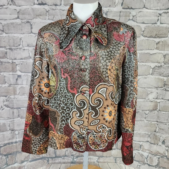 Vintage 1970s Mod Button Front Blouse Swirly Pattern Shimmer Black Brown No Size - Picture 3 of 15